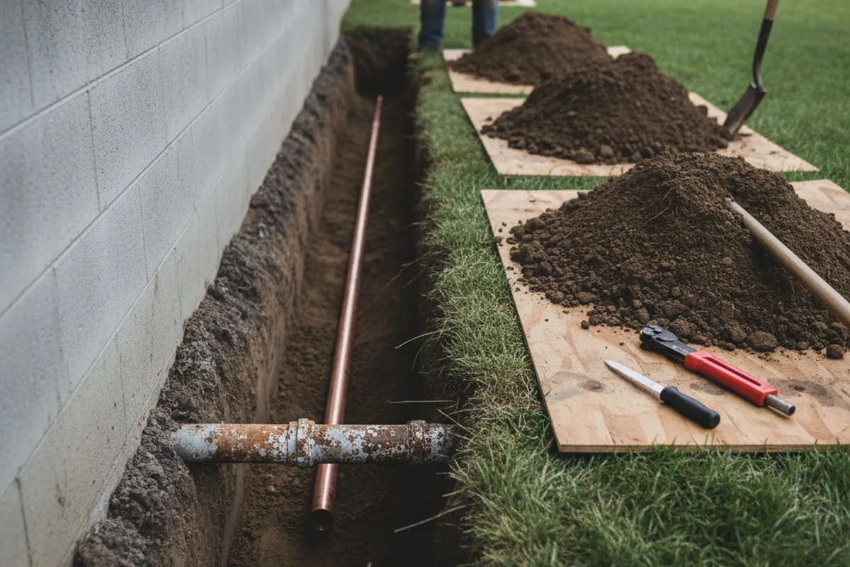 Excavated water line trench during Water Softener Installation in Bayou La Batre